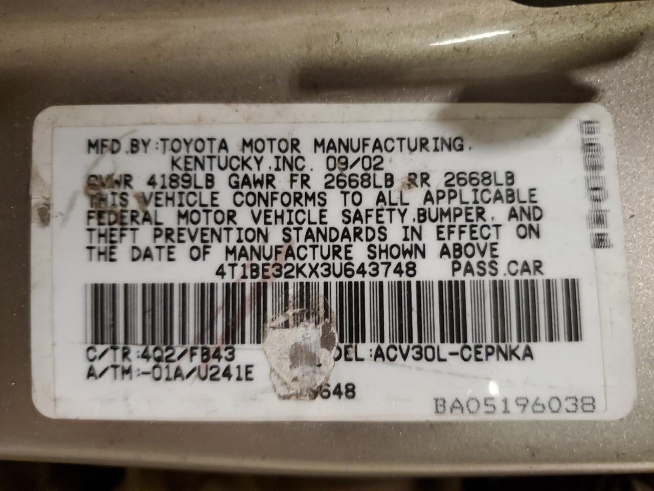 2003 Toyota Camry Le VIN: 4T1BE32KX3U643748 Lot: 63941675