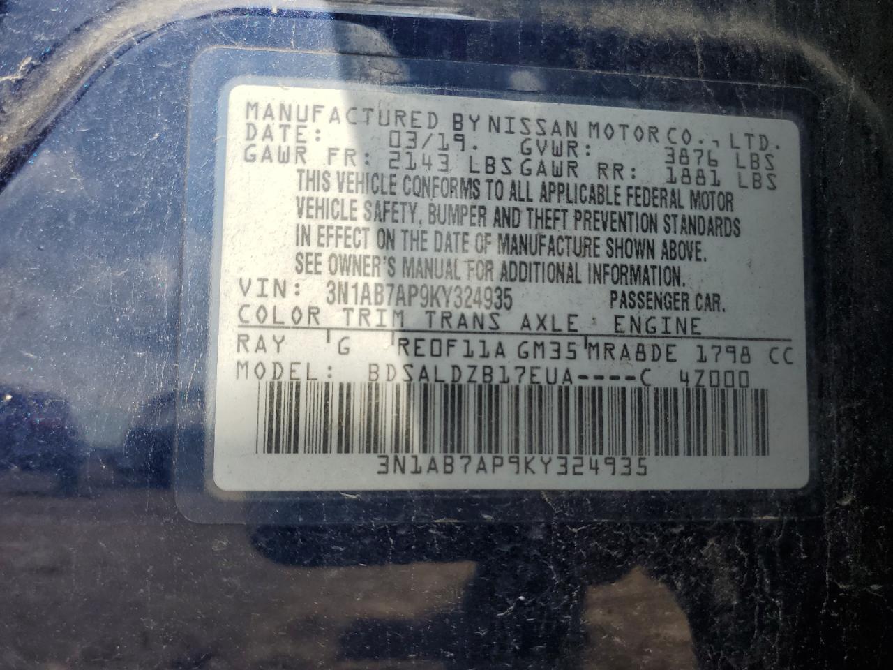 2019 Nissan Sentra S VIN: 3N1AB7AP9KY324935 Lot: 63497005