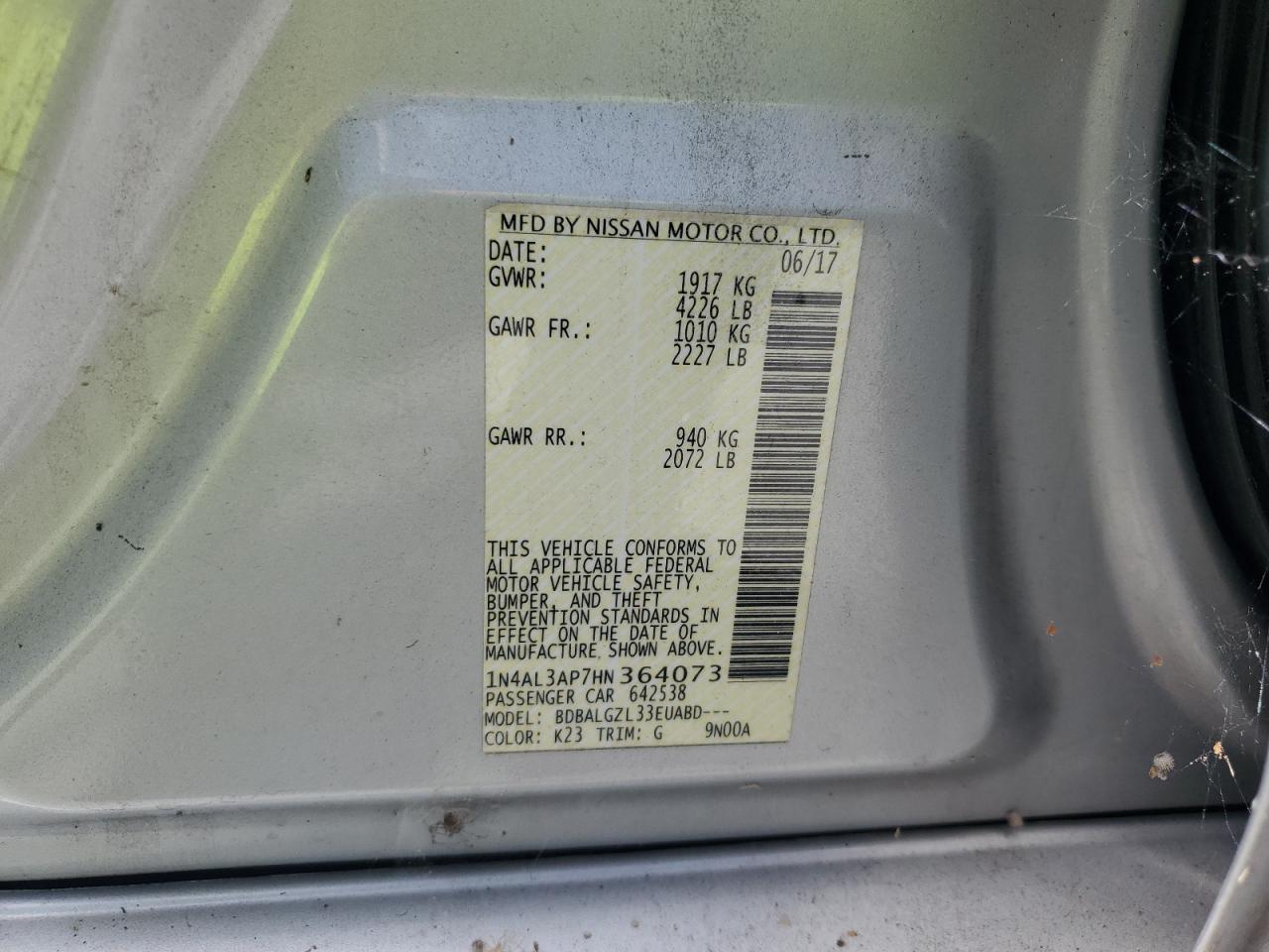2017 Nissan Altima 2.5 VIN: 1N4AL3AP7HN364073 Lot: 65381305