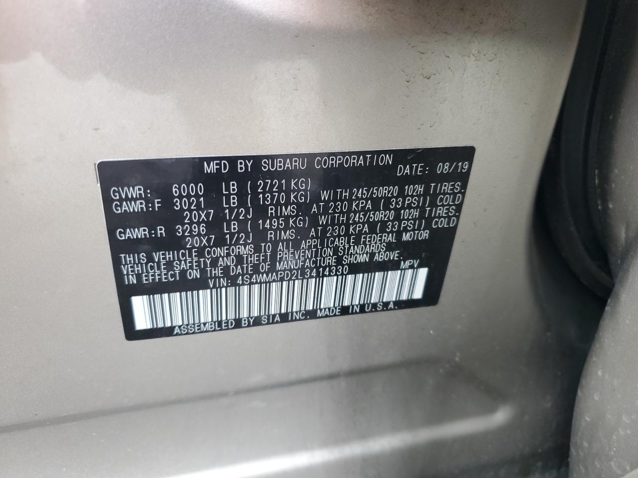 2020 Subaru Ascent Limited VIN: 4S4WMAPD2L3414330 Lot: 64888175