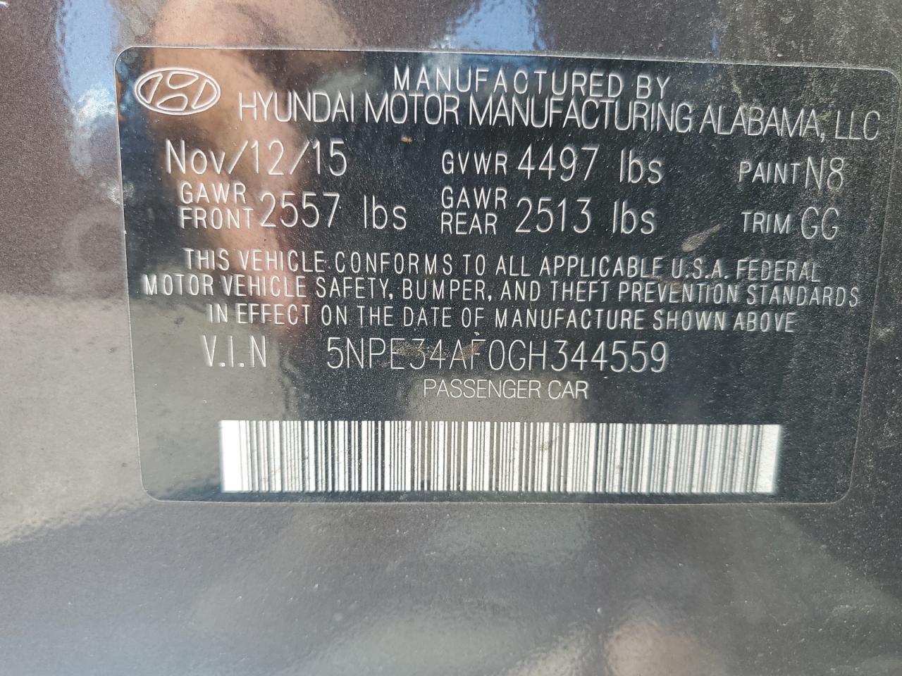 2016 Hyundai Sonata Sport VIN: 5NPE34AF0GH344559 Lot: 63048985