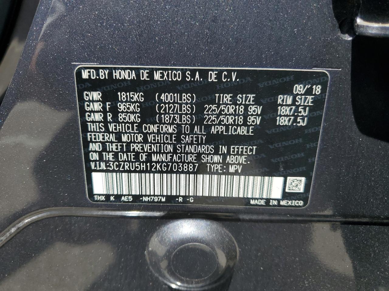 2019 Honda Hr-V Sport VIN: 3CZRU5H12KG703887 Lot: 64056615