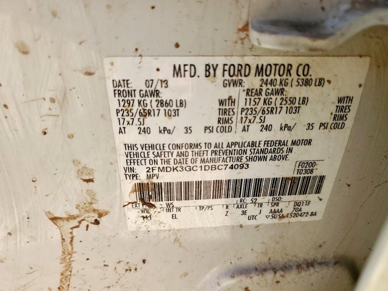 2013 Ford Edge Se VIN: 2FMDK3GC1DBC74093 Lot: 66819605