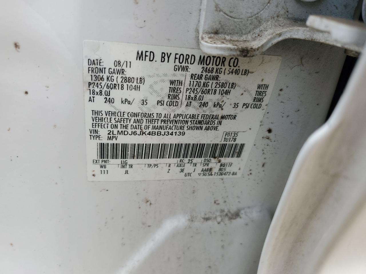 2011 Lincoln Mkx VIN: 2LMDJ6JK4BBJ34139 Lot: 64820045