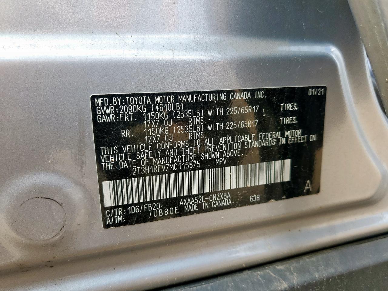 2021 Toyota Rav4 Le VIN: 2T3H1RFV7MC115575 Lot: 64579055