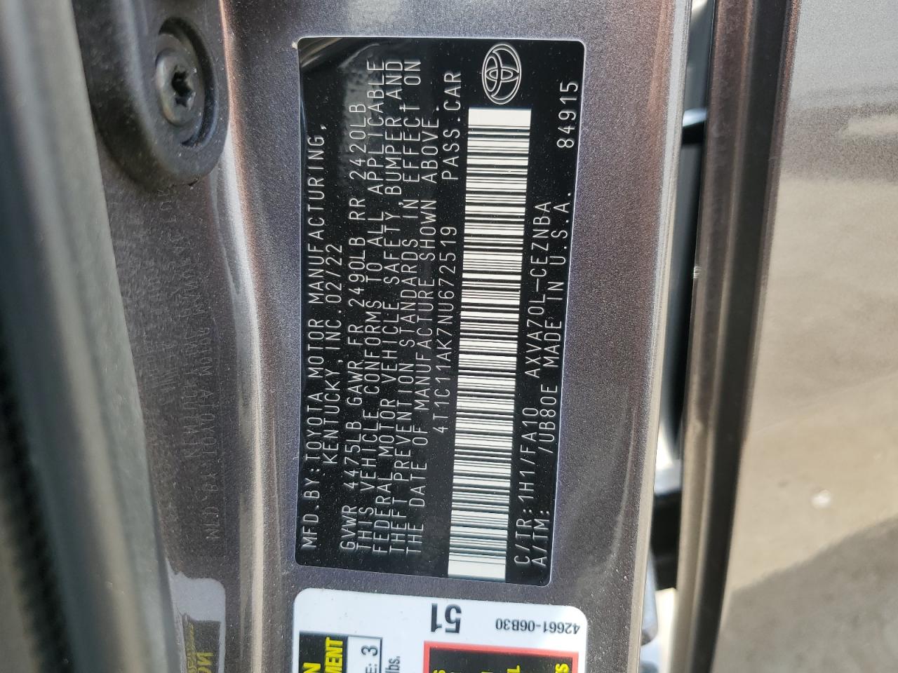 2022 Toyota Camry Le VIN: 4T1C11AK7NU672519 Lot: 65448235