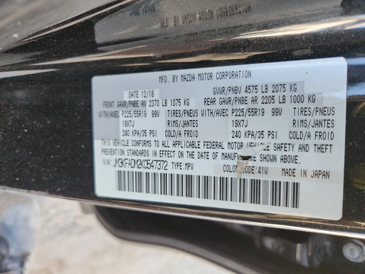 2019 Mazda Cx-5 Grand Touring VIN: JM3KFADM2K0547372 Lot: 65382495