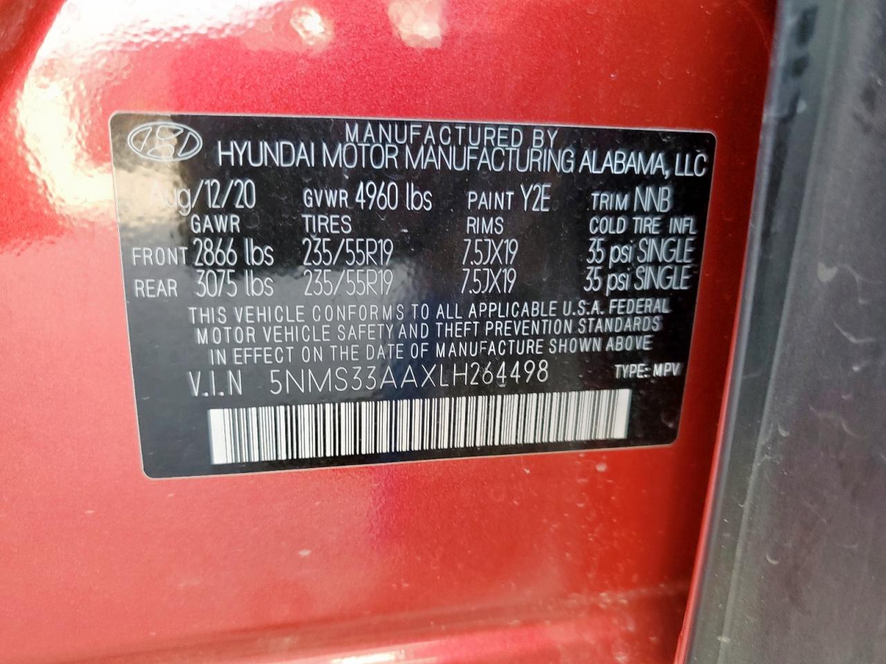 2020 Hyundai Santa Fe Sel VIN: 5NMS33AAXLH264498 Lot: 63518305