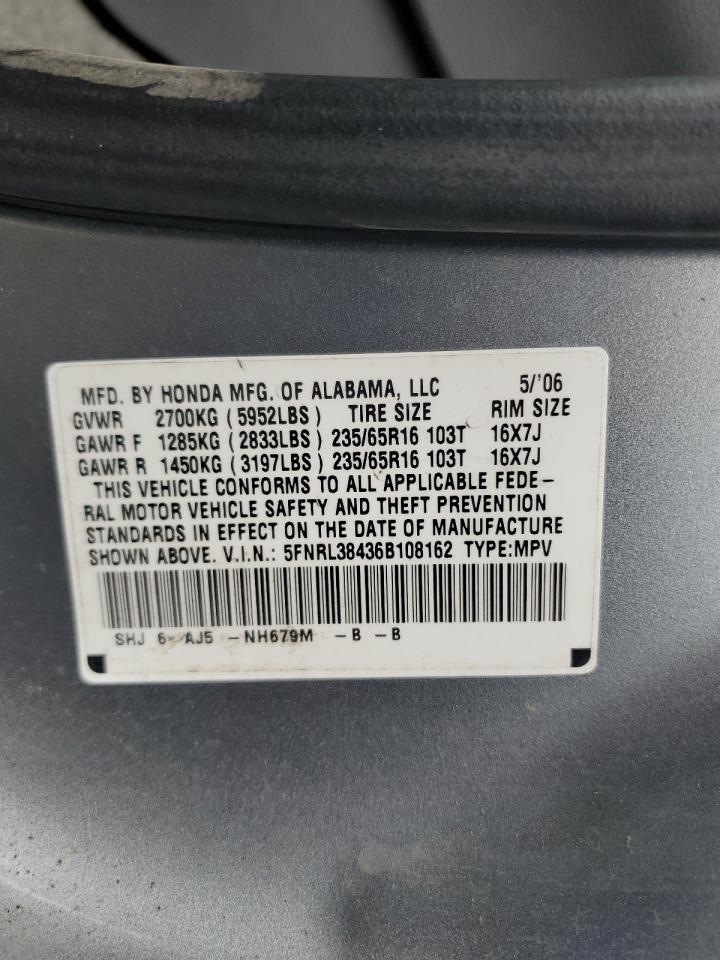 2006 Honda Odyssey Ex VIN: 5FNRL38436B108162 Lot: 65480485