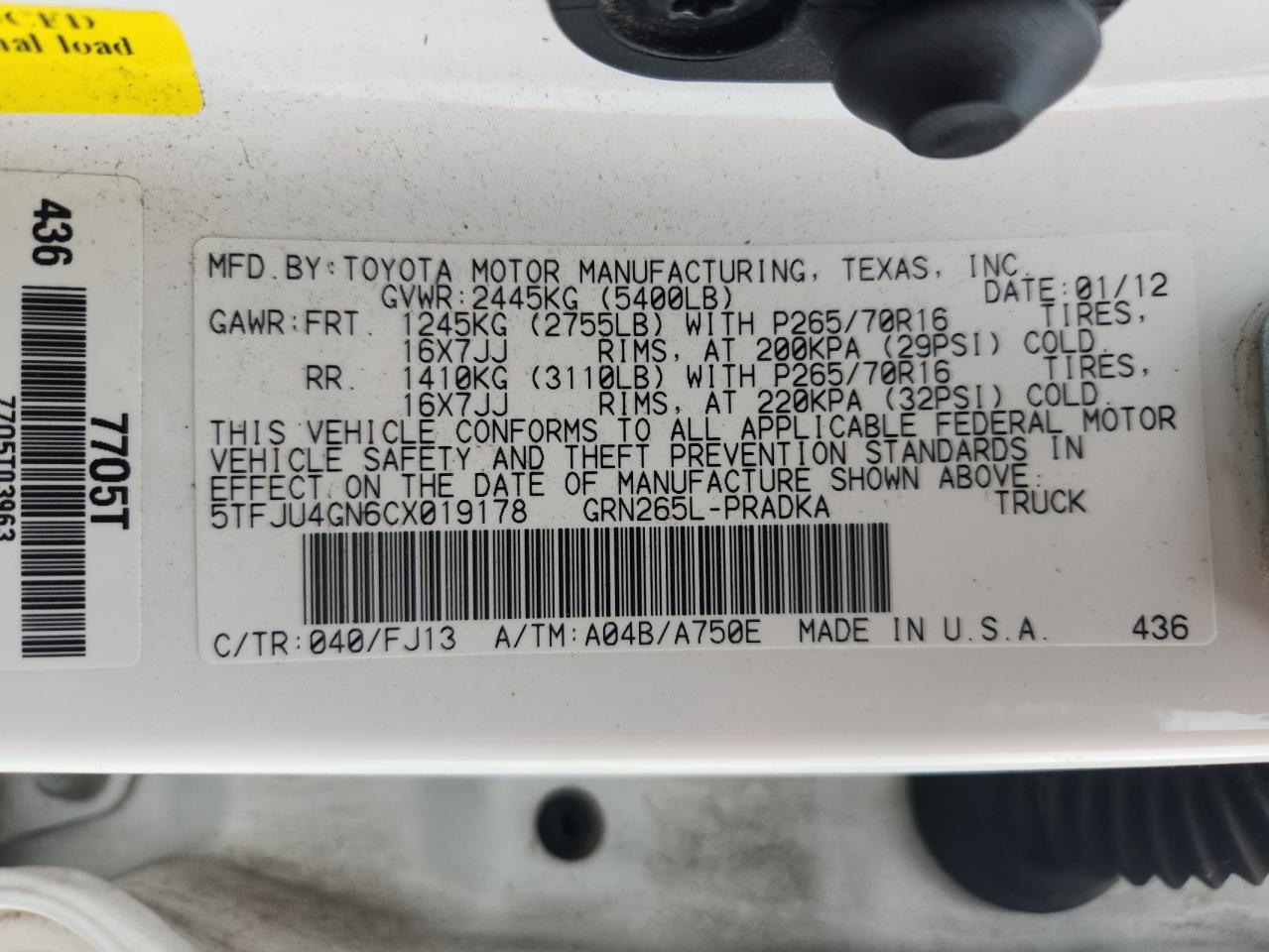 2012 Toyota Tacoma Double Cab Prerunner VIN: 5TFJU4GN6CX019178 Lot: 64043315