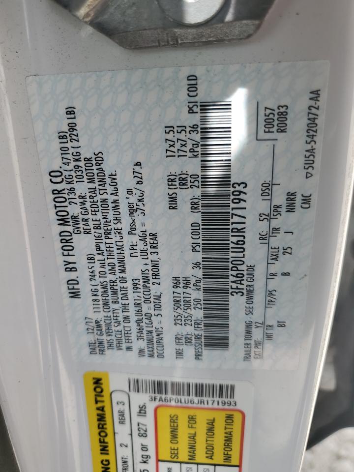 2018 Ford Fusion Se Hybrid VIN: 3FA6P0LU6JR171993 Lot: 55084355