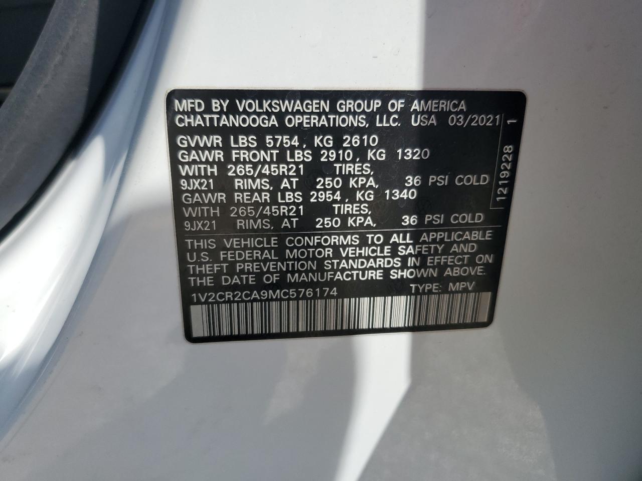 2021 Volkswagen Atlas Sel R-Line VIN: 1V2CR2CA9MC576174 Lot: 61144395