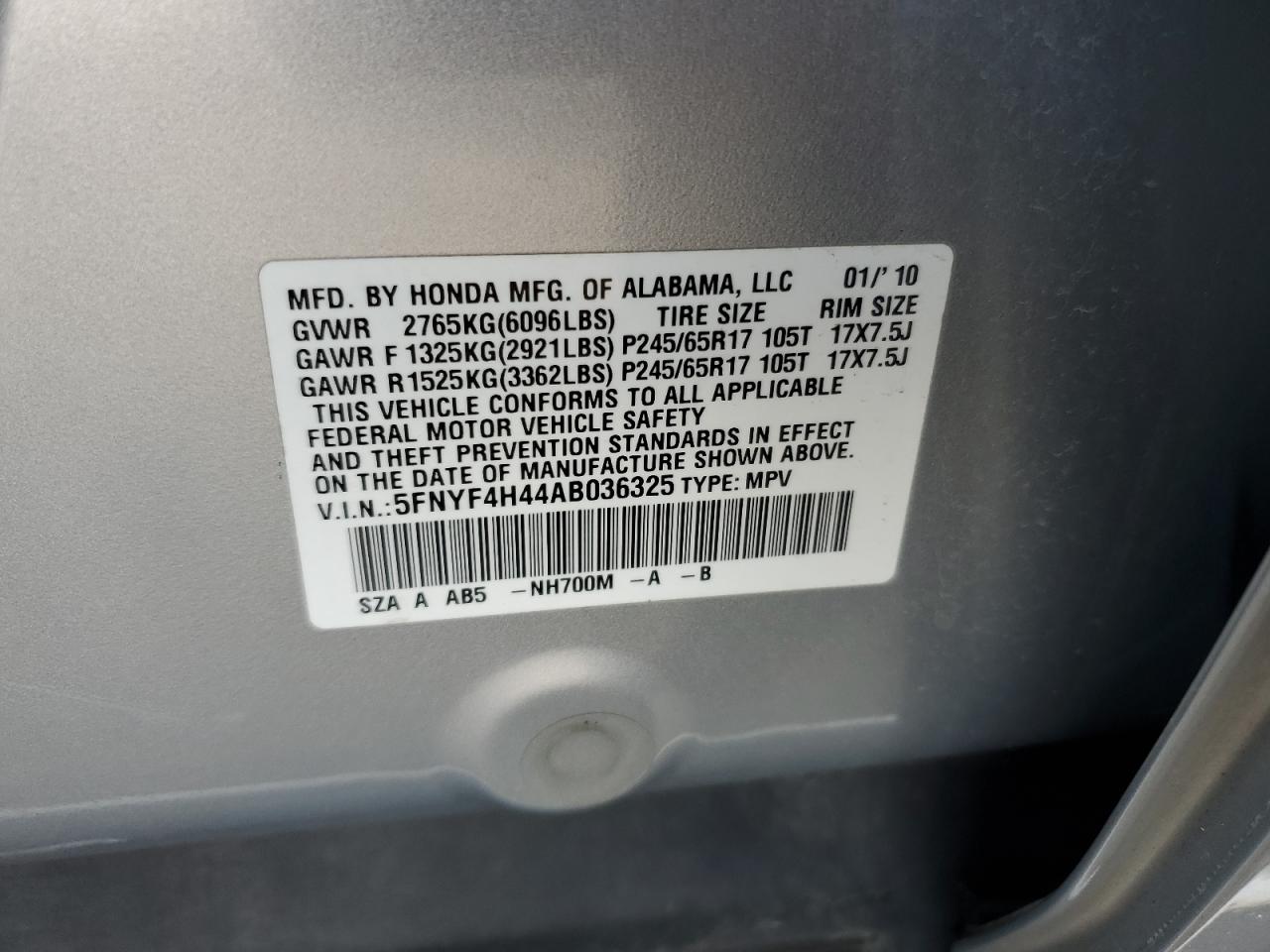 2010 Honda Pilot Ex VIN: 5FNYF4H44AB036325 Lot: 65698775