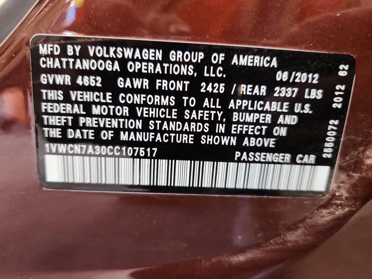 2012 Volkswagen Passat Sel VIN: 1VWCN7A30CC107517 Lot: 64884505