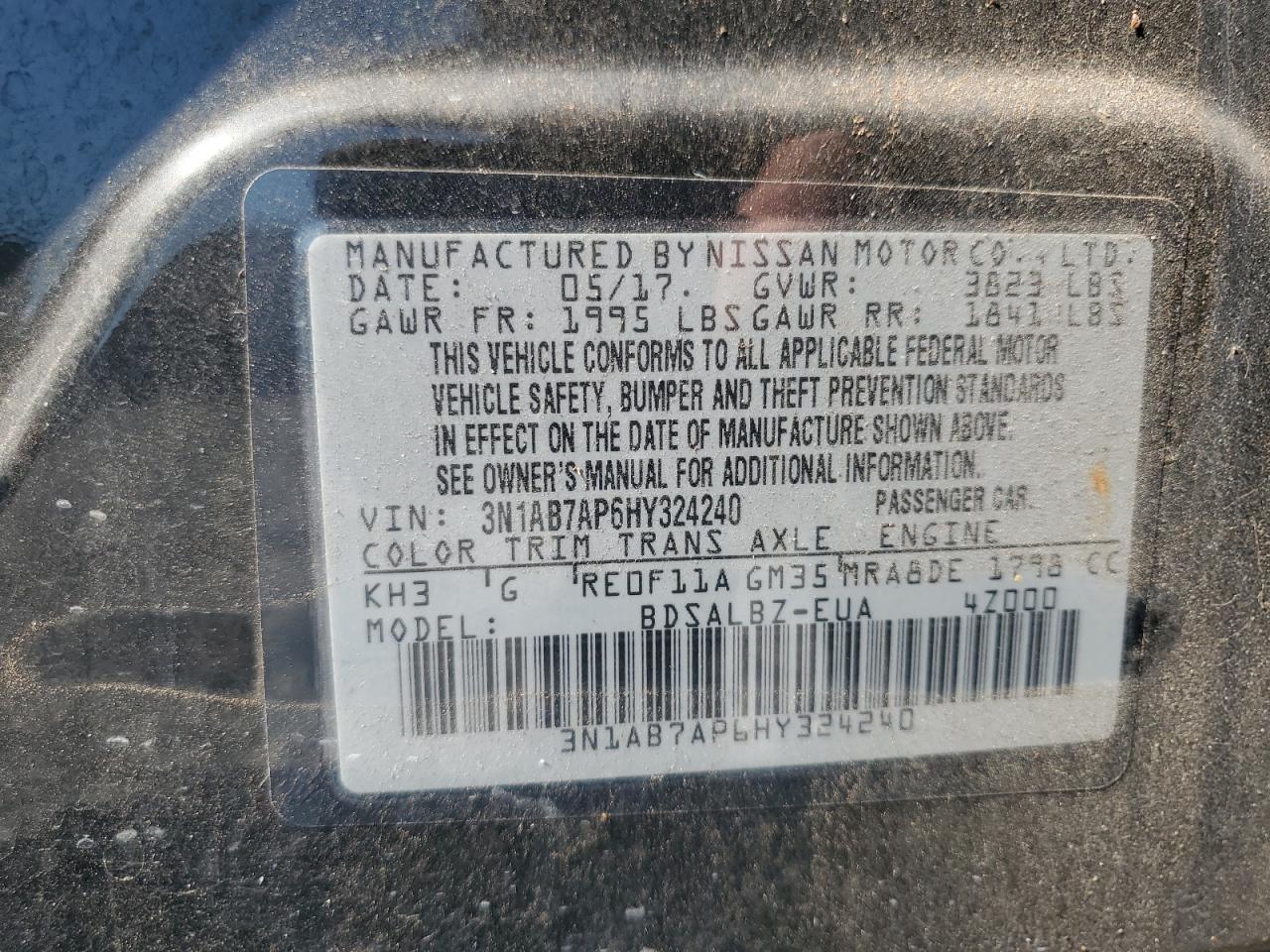 3N1AB7AP6HY324240 2017 Nissan Sentra S