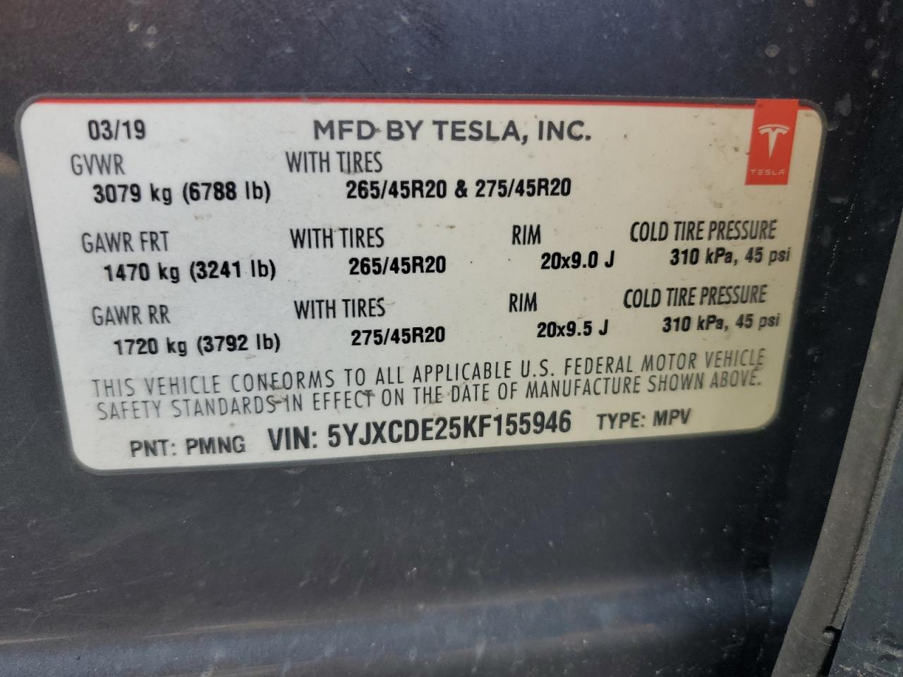 2019 Tesla Model X VIN: 5YJXCDE25KF155946 Lot: 67145055