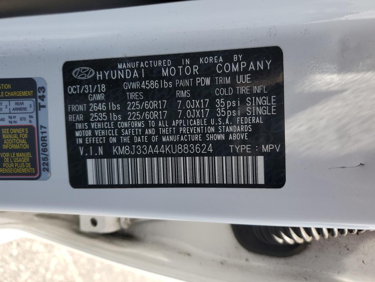 2019 Hyundai Tucson Limited VIN: KM8J33A44KU883624 Lot: 65608865