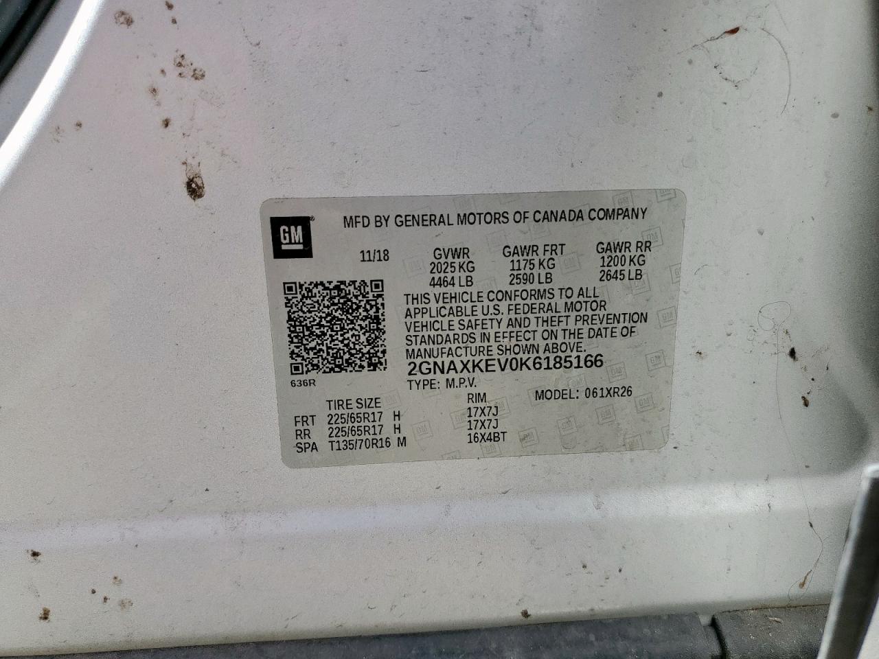 2019 Chevrolet Equinox Lt VIN: 2GNAXKEV0K6185166 Lot: 65436345