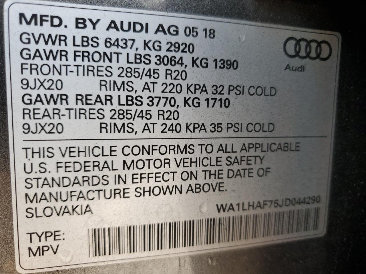 2018 Audi Q7 Premium Plus VIN: WA1LHAF75JD044290 Lot: 63576095