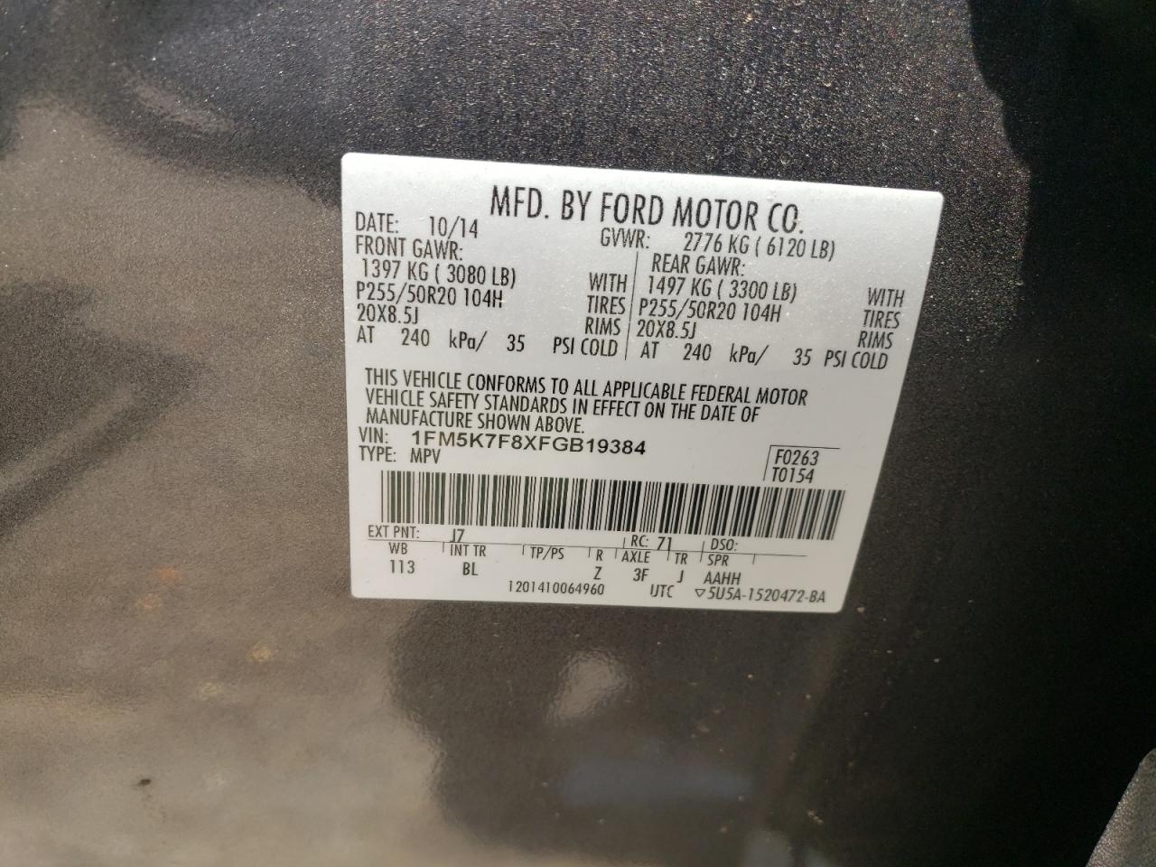 2015 Ford Explorer Limited VIN: 1FM5K7F8XFGB19384 Lot: 63081585