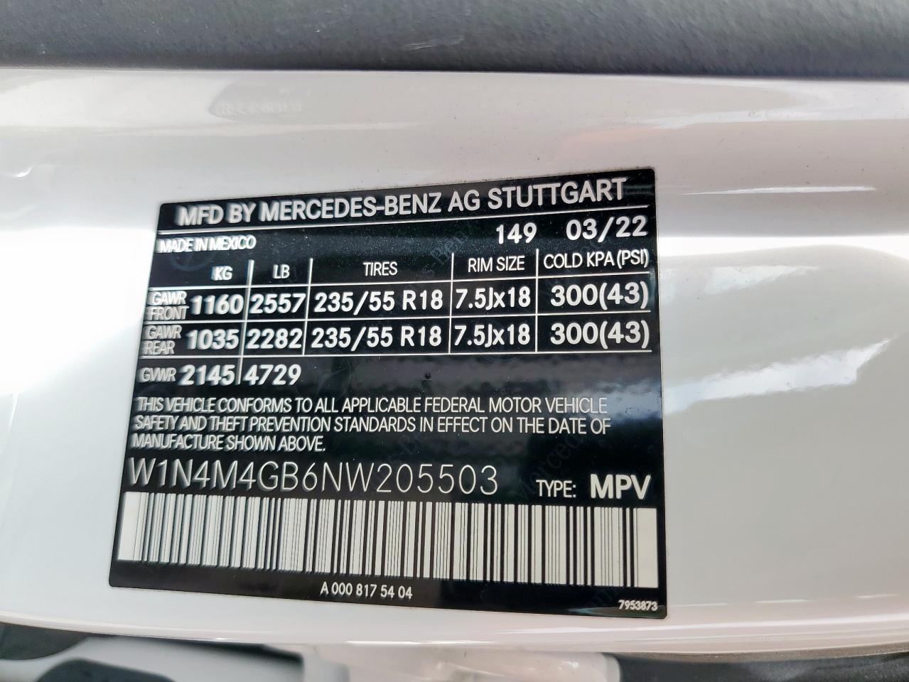 2022 Mercedes-Benz Glb 250 VIN: W1N4M4GB6NW205503 Lot: 64003315