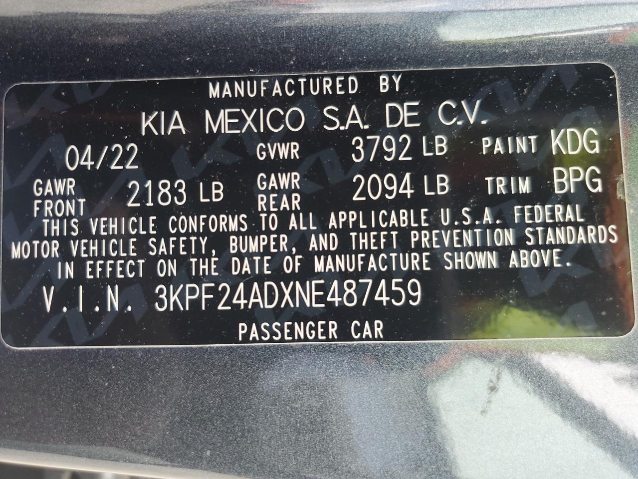 3KPF24ADXNE487459 2022 Kia Forte Fe