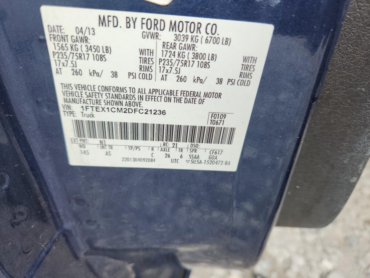 2013 Ford F150 Super Cab VIN: 1FTEX1CM2DFC21236 Lot: 63998555