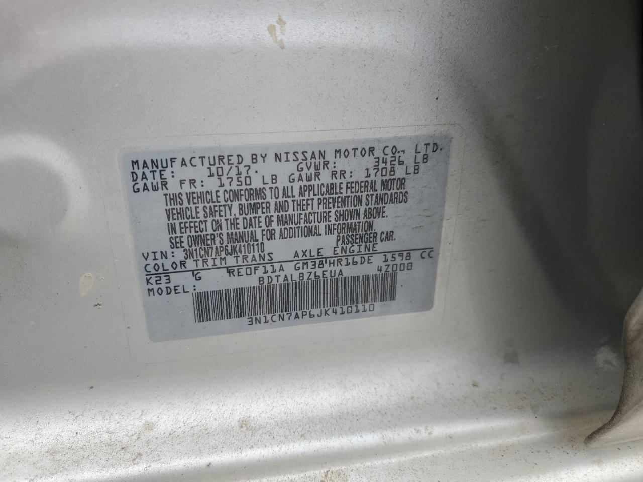 2018 Nissan Versa S VIN: 3N1CN7AP6JK410110 Lot: 65060055