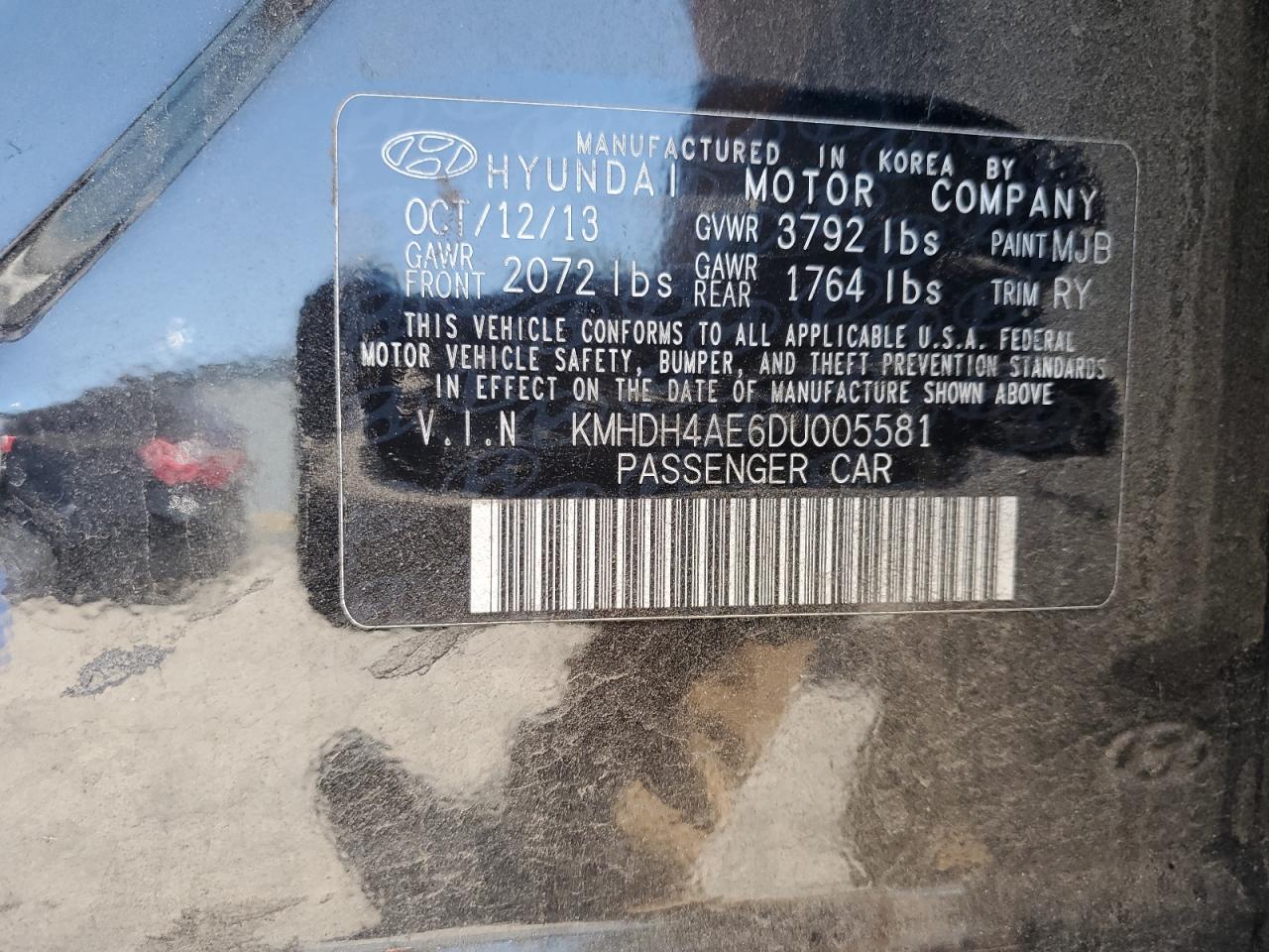 2013 Hyundai Elantra Gls VIN: KMHDH4AE6DU005581 Lot: 64697925
