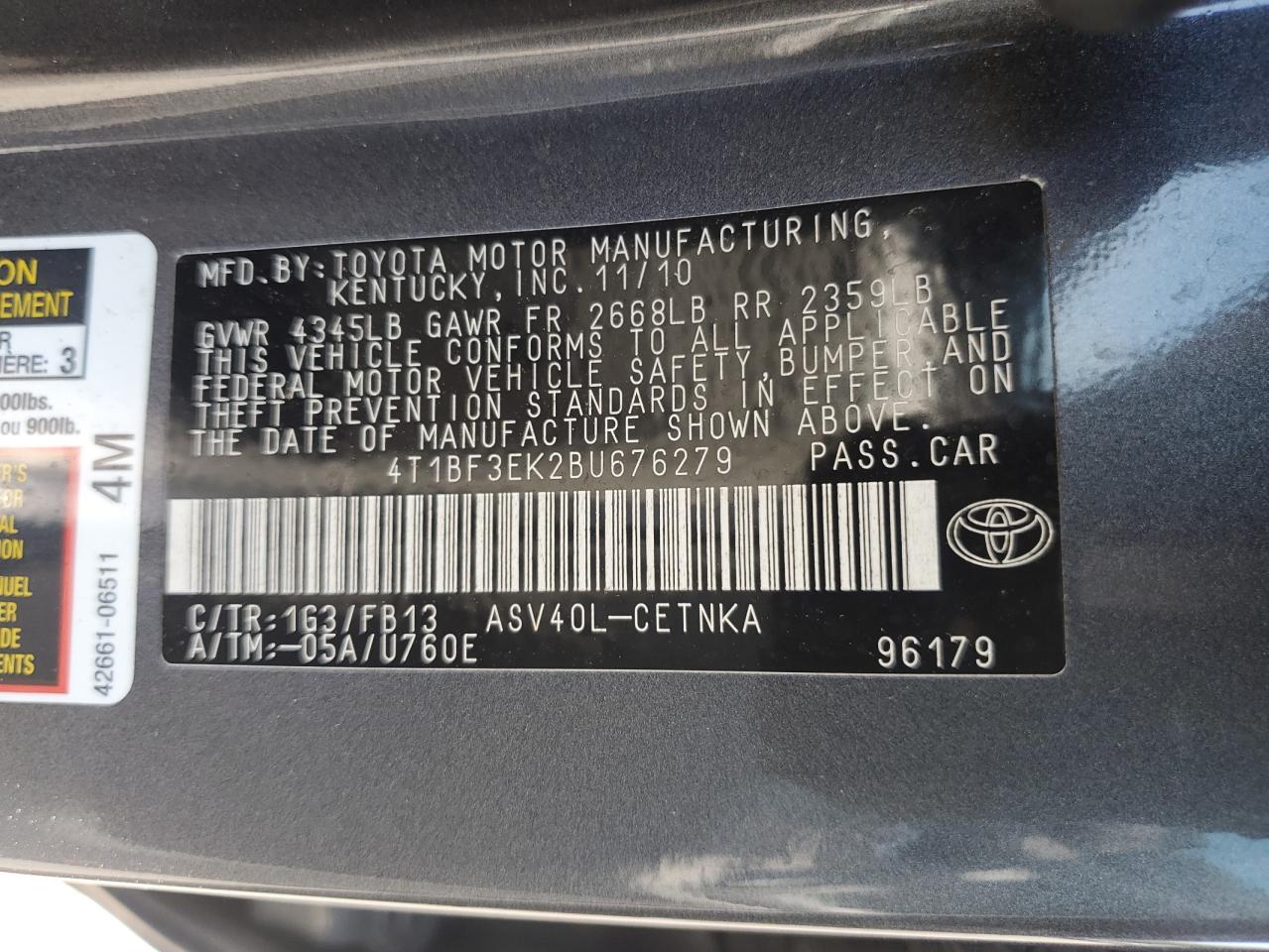2011 Toyota Camry Base VIN: 4T1BF3EK2BU676279 Lot: 63161895