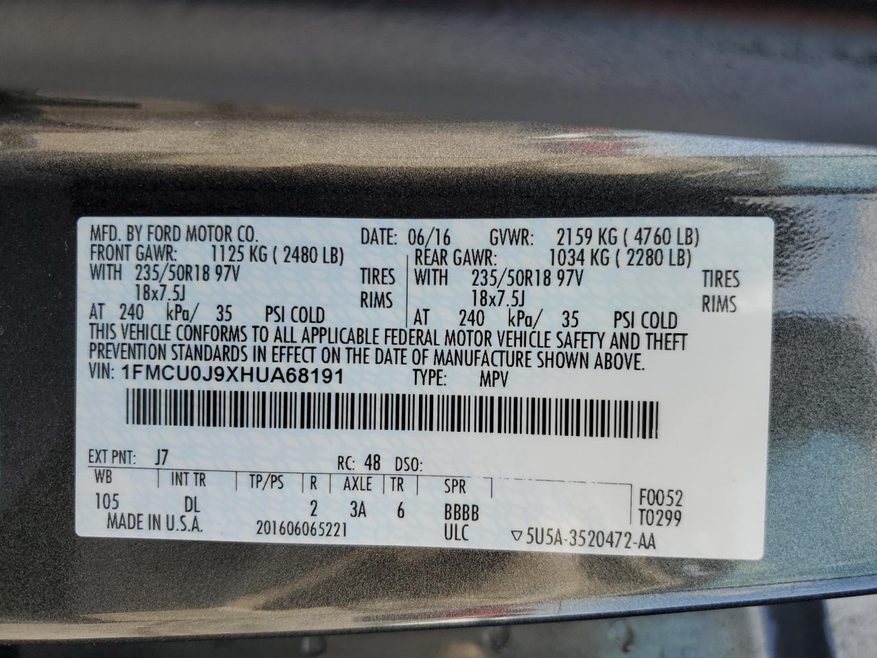 2017 Ford Escape Titanium VIN: 1FMCU0J9XHUA68191 Lot: 64251765
