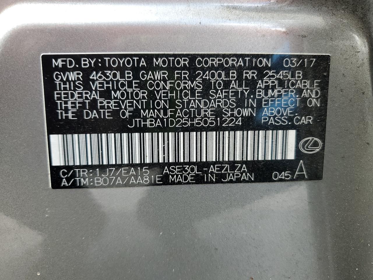 2017 Lexus Is 200T VIN: JTHBA1D25H5051224 Lot: 64772775