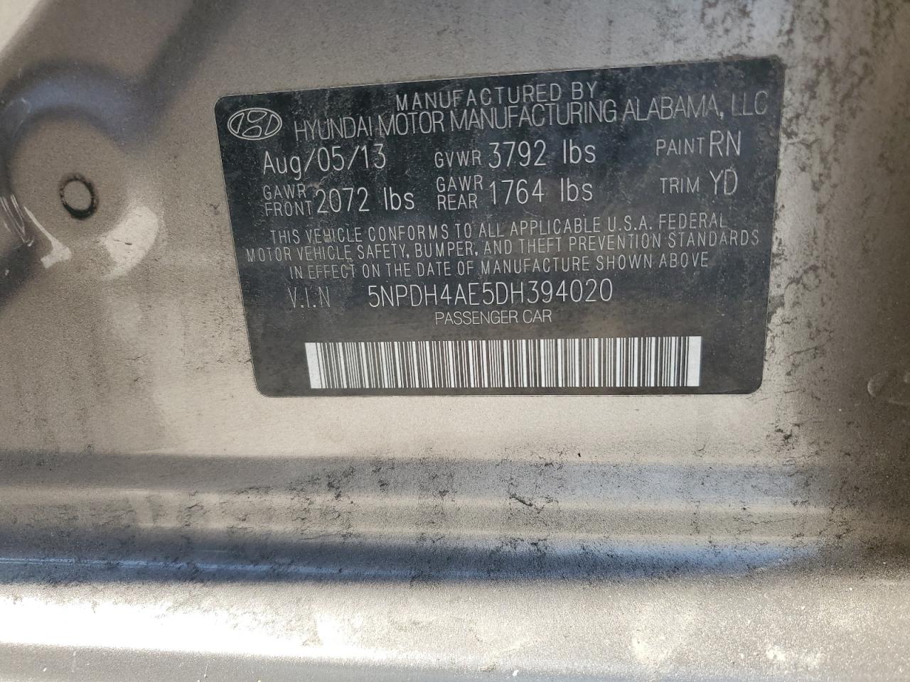 2013 Hyundai Elantra Gls VIN: 5NPDH4AE5DH394020 Lot: 62685435
