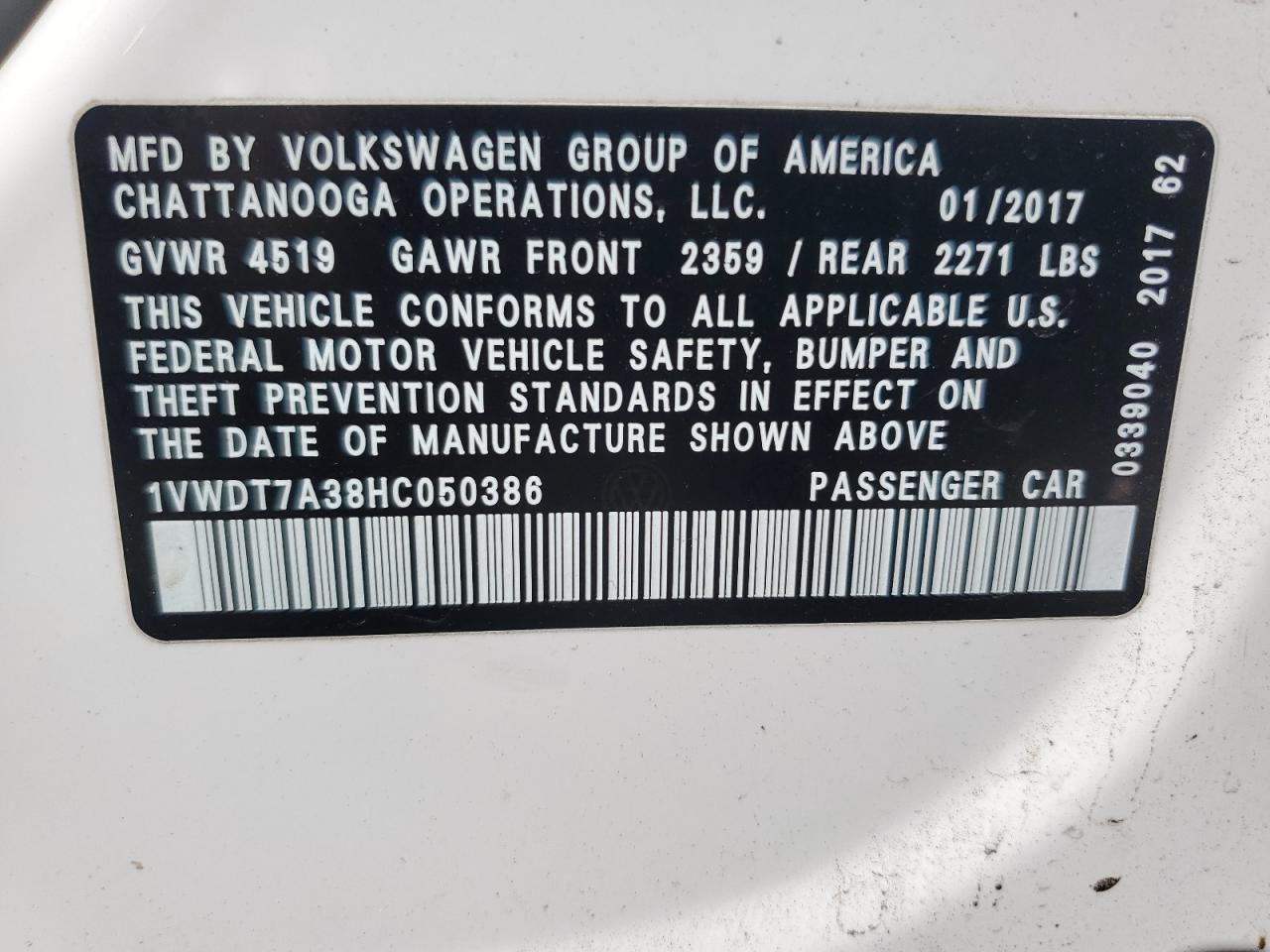 2017 Volkswagen Passat R-Line VIN: 1VWDT7A38HC050386 Lot: 63505015