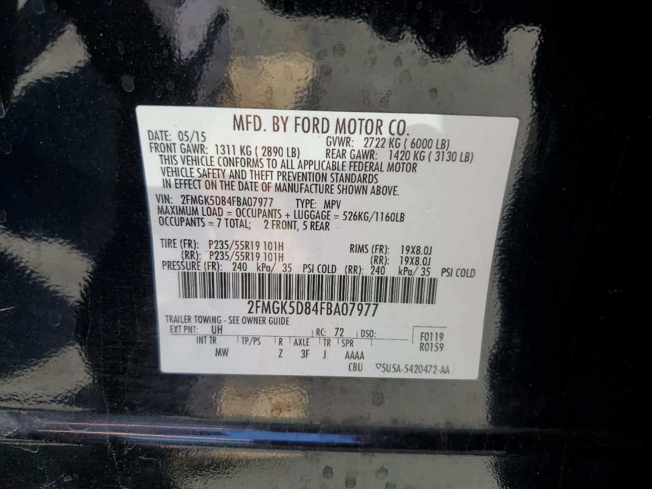 2015 Ford Flex Limited VIN: 2FMGK5D84FBA07977 Lot: 66954845