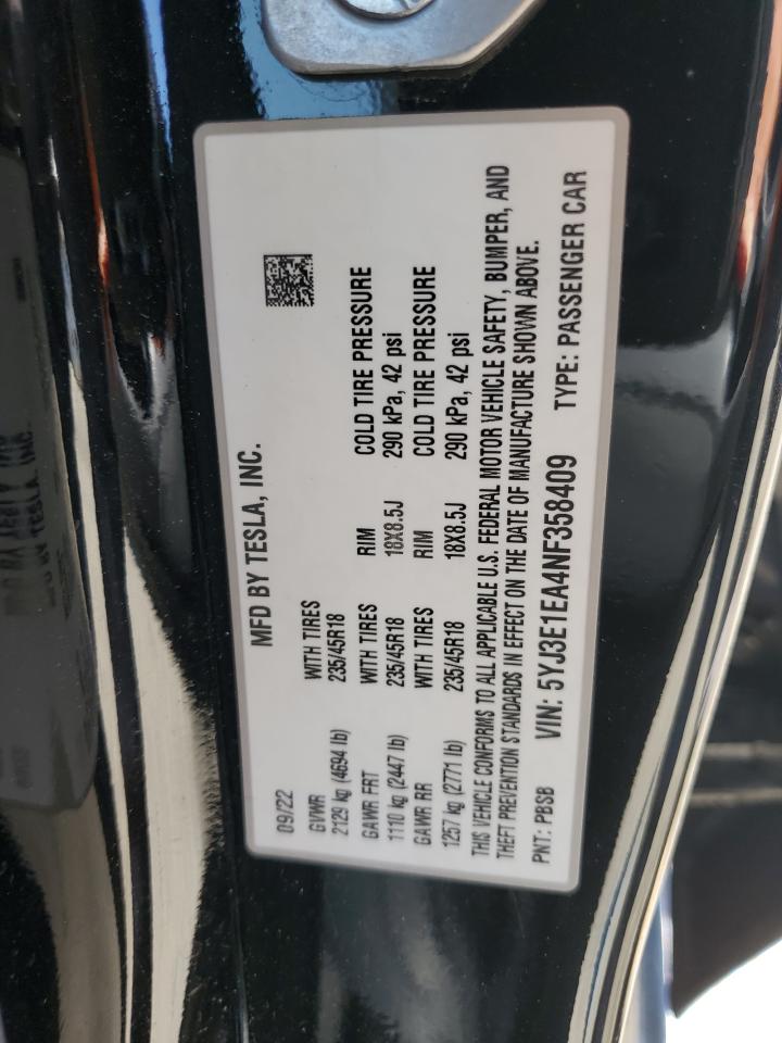 2022 Tesla Model 3 VIN: 5YJ3E1EA4NF358409 Lot: 65125835