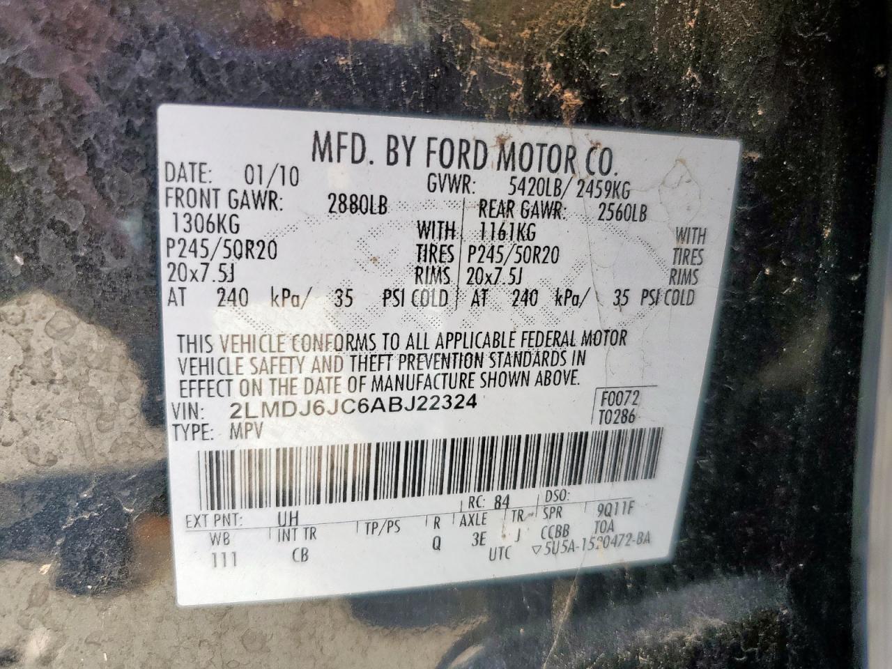 2010 Lincoln Mkx VIN: 2LMDJ6JC6ABJ22324 Lot: 65891625