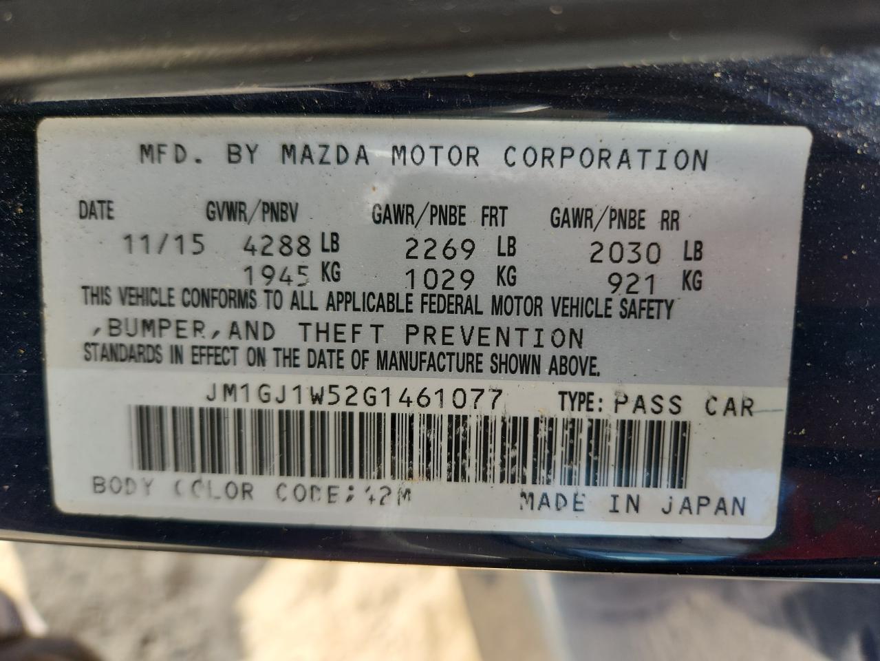 2016 Mazda 6 Grand Touring VIN: JM1GJ1W52G1461077 Lot: 63369635