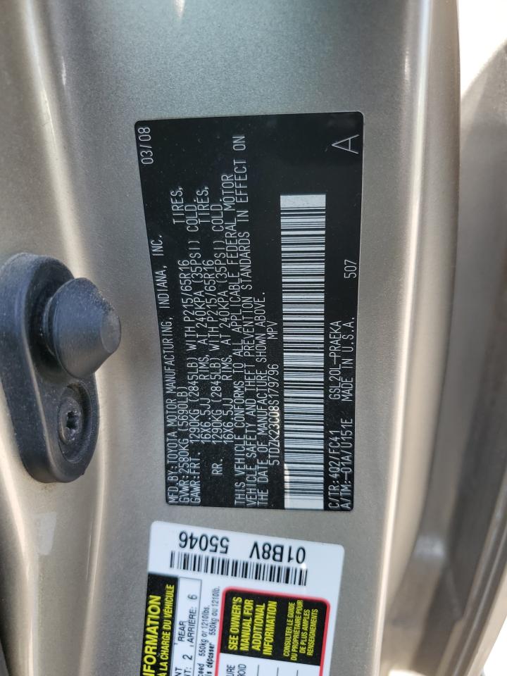 2008 Toyota Sienna Ce VIN: 5TDZK23C08S179796 Lot: 62786705