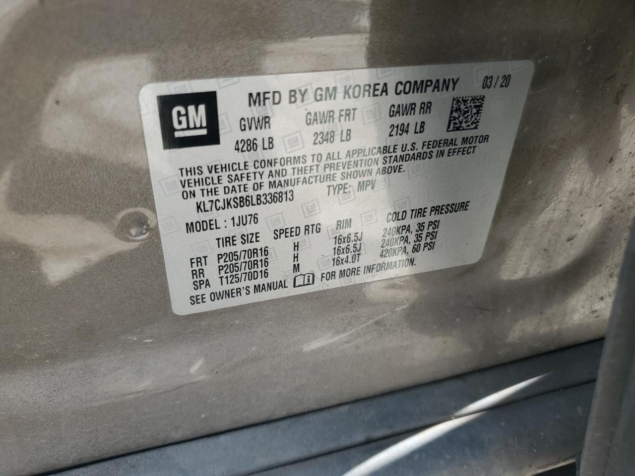 2020 Chevrolet Trax Ls VIN: KL7CJKSB6LB336813 Lot: 66353135