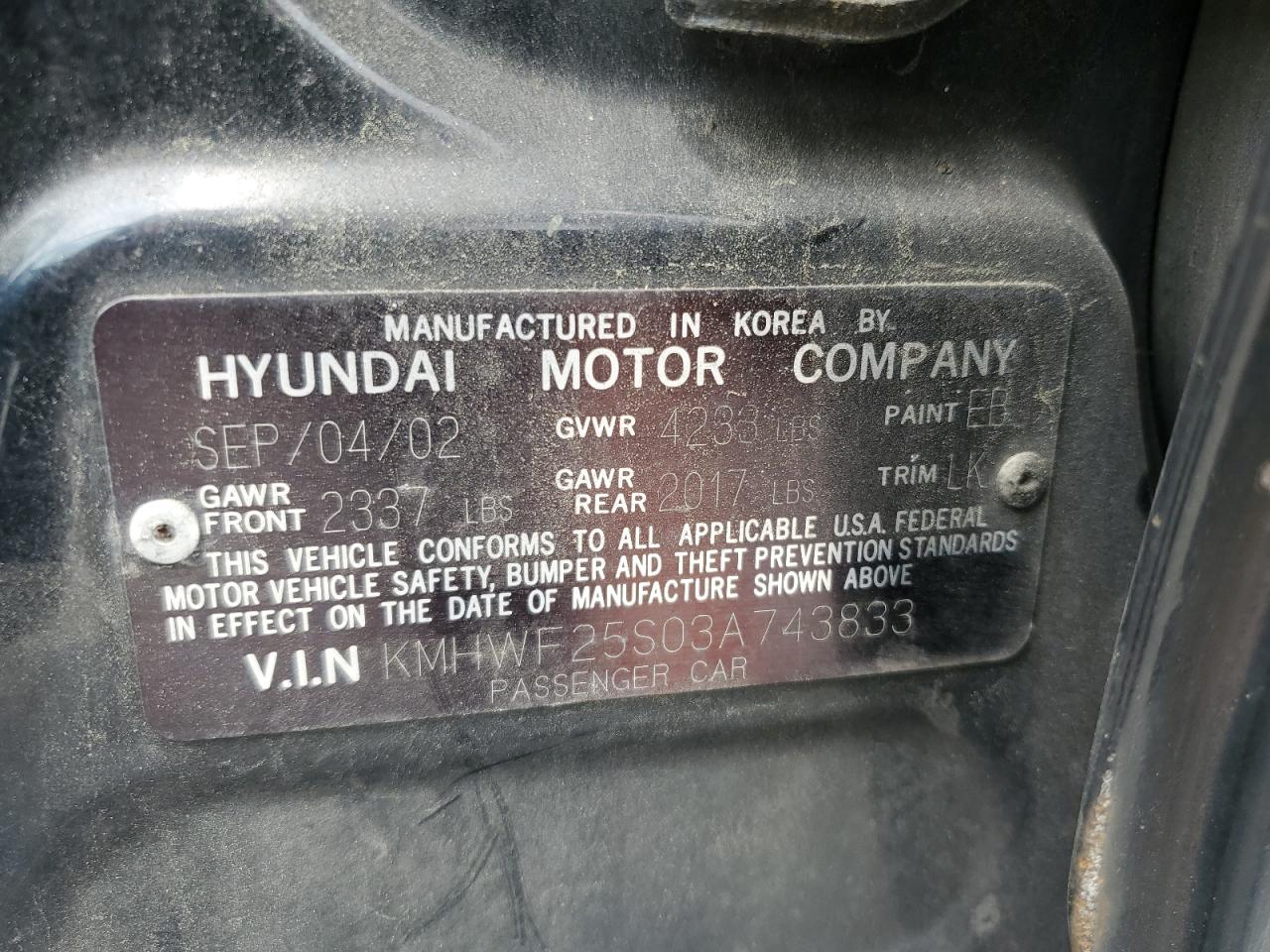 2003 Hyundai Sonata Gl VIN: KMHWF25S03A743833 Lot: 65503485