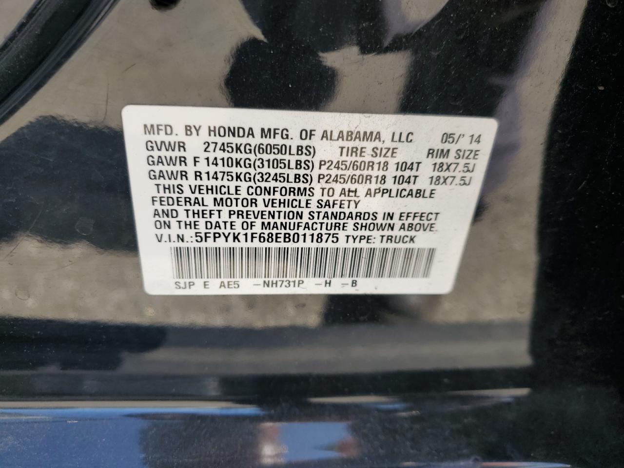 2014 Honda Ridgeline Rtl-S VIN: 5FPYK1F68EB011875 Lot: 64688595