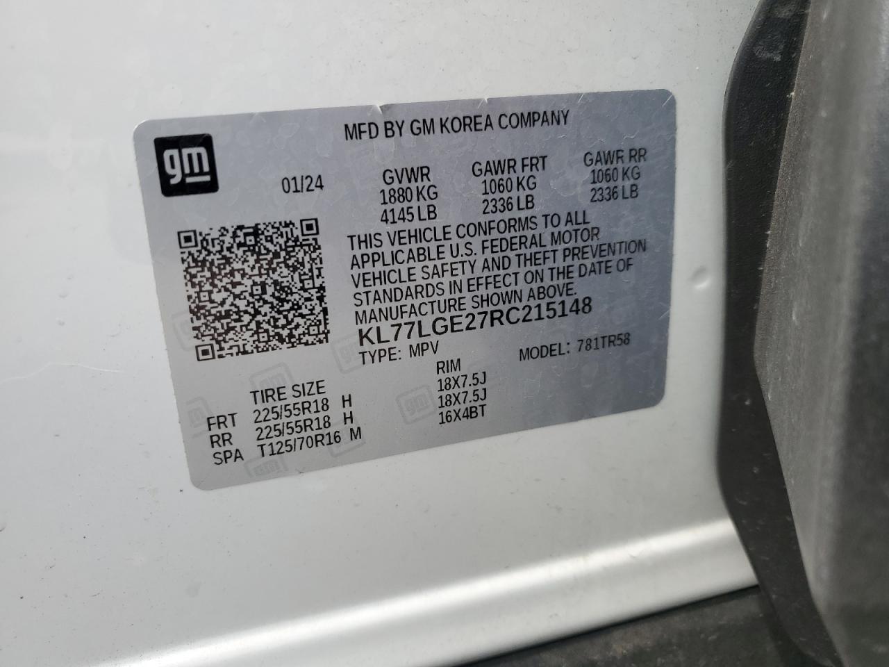 2024 Chevrolet Trax 1Rs VIN: KL77LGE27RC215148 Lot: 64604505