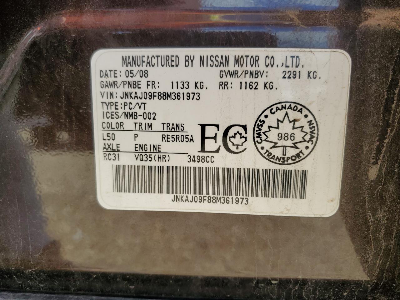 2008 Infiniti Ex35 Base VIN: JNKAJ09F88M361973 Lot: 61816105