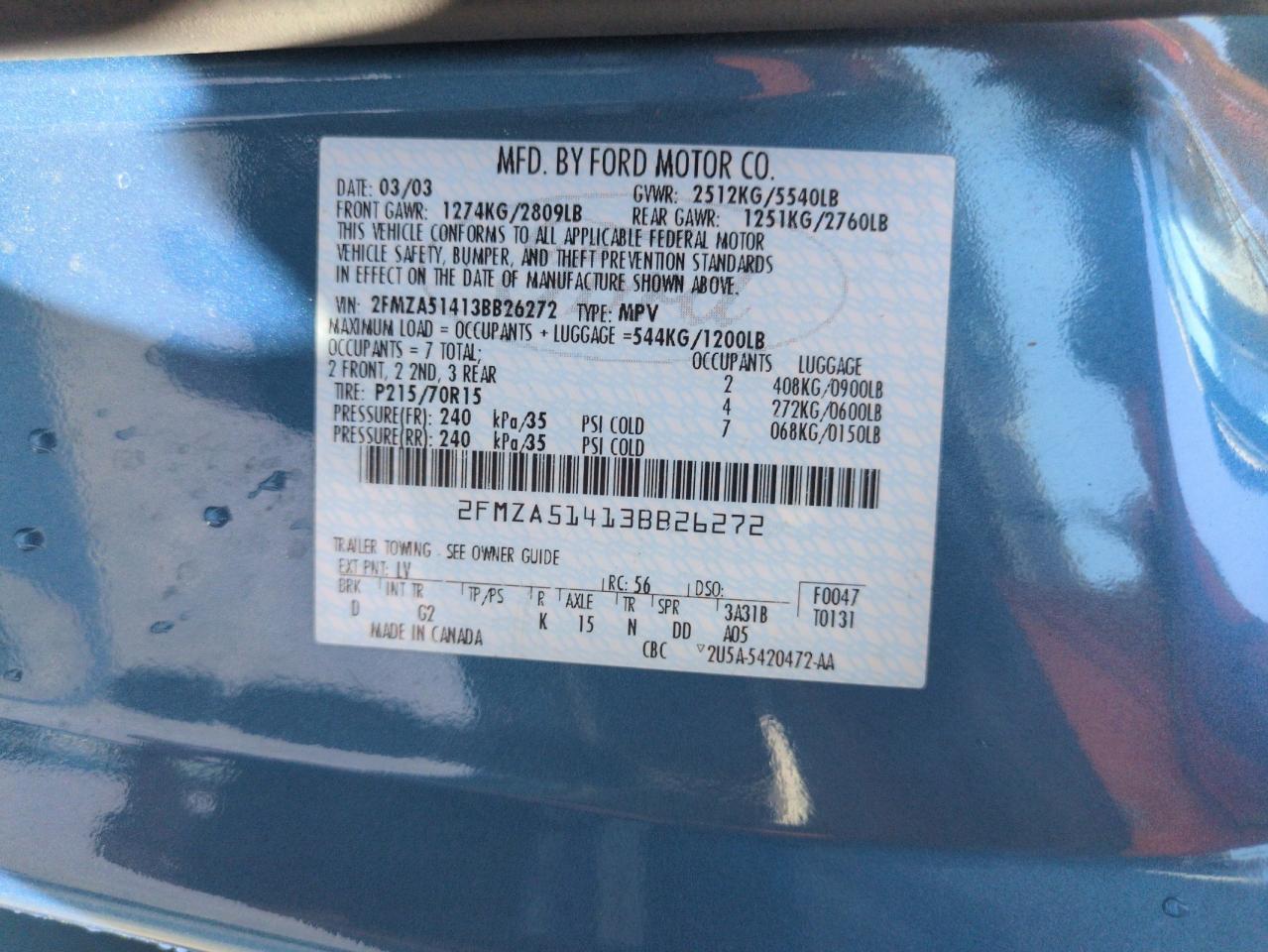 2003 Ford Windstar Lx VIN: 2FMZA51413BB26272 Lot: 62886795