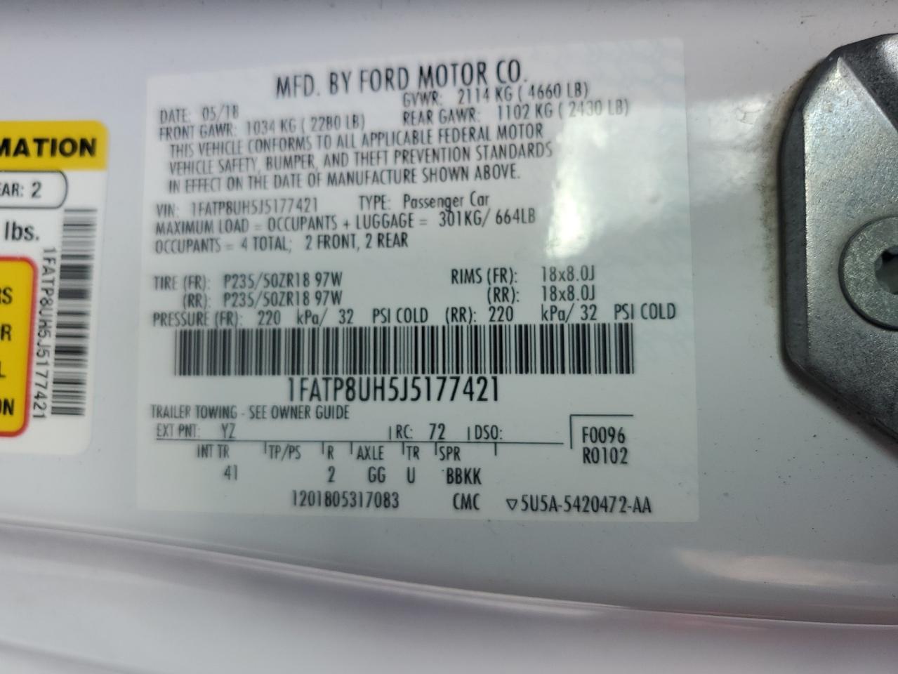 2018 Ford Mustang VIN: 1FATP8UH5J5177421 Lot: 62783235