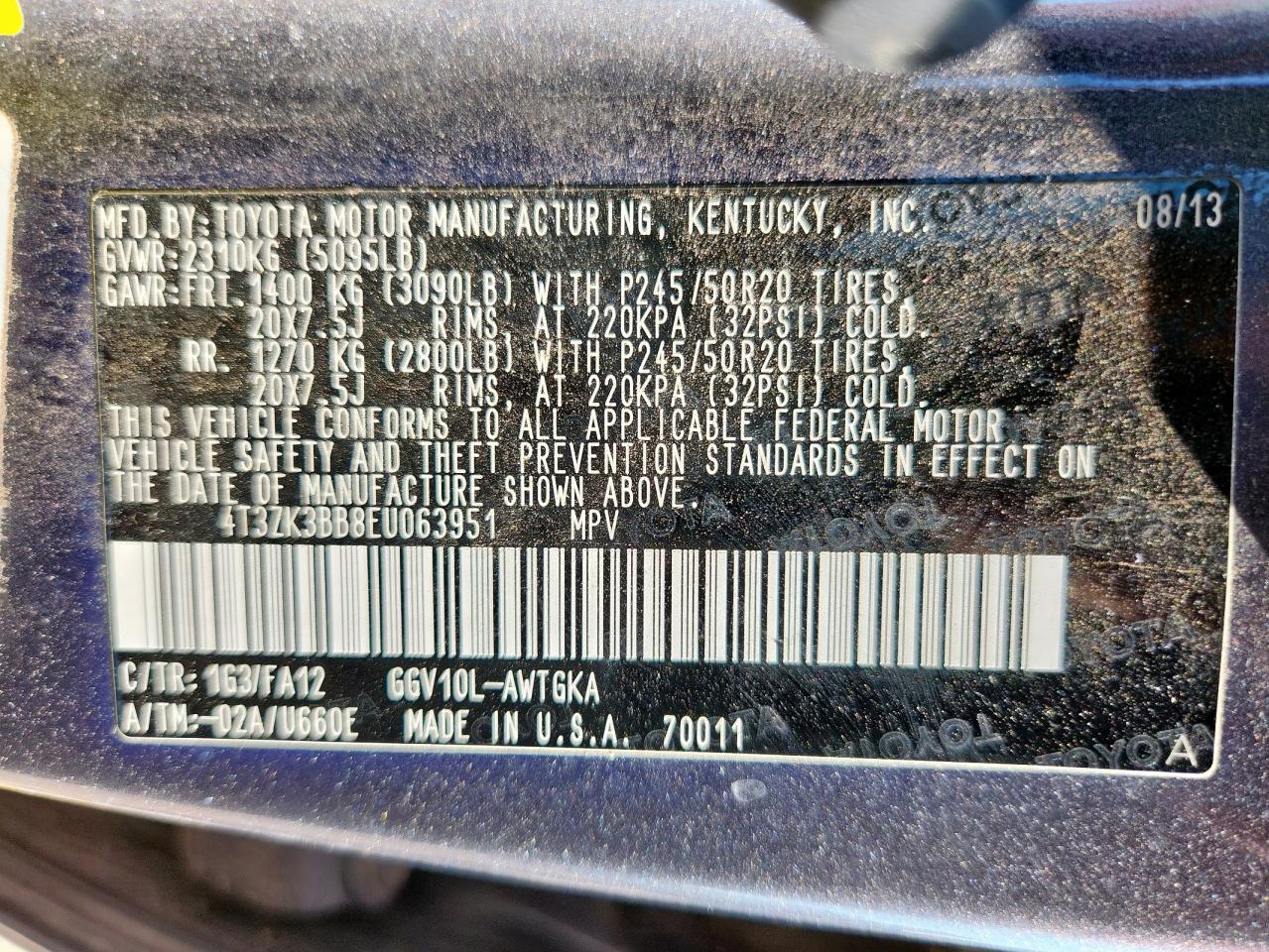 2014 Toyota Venza Le VIN: 4T3ZK3BB8EU063951 Lot: 61388235