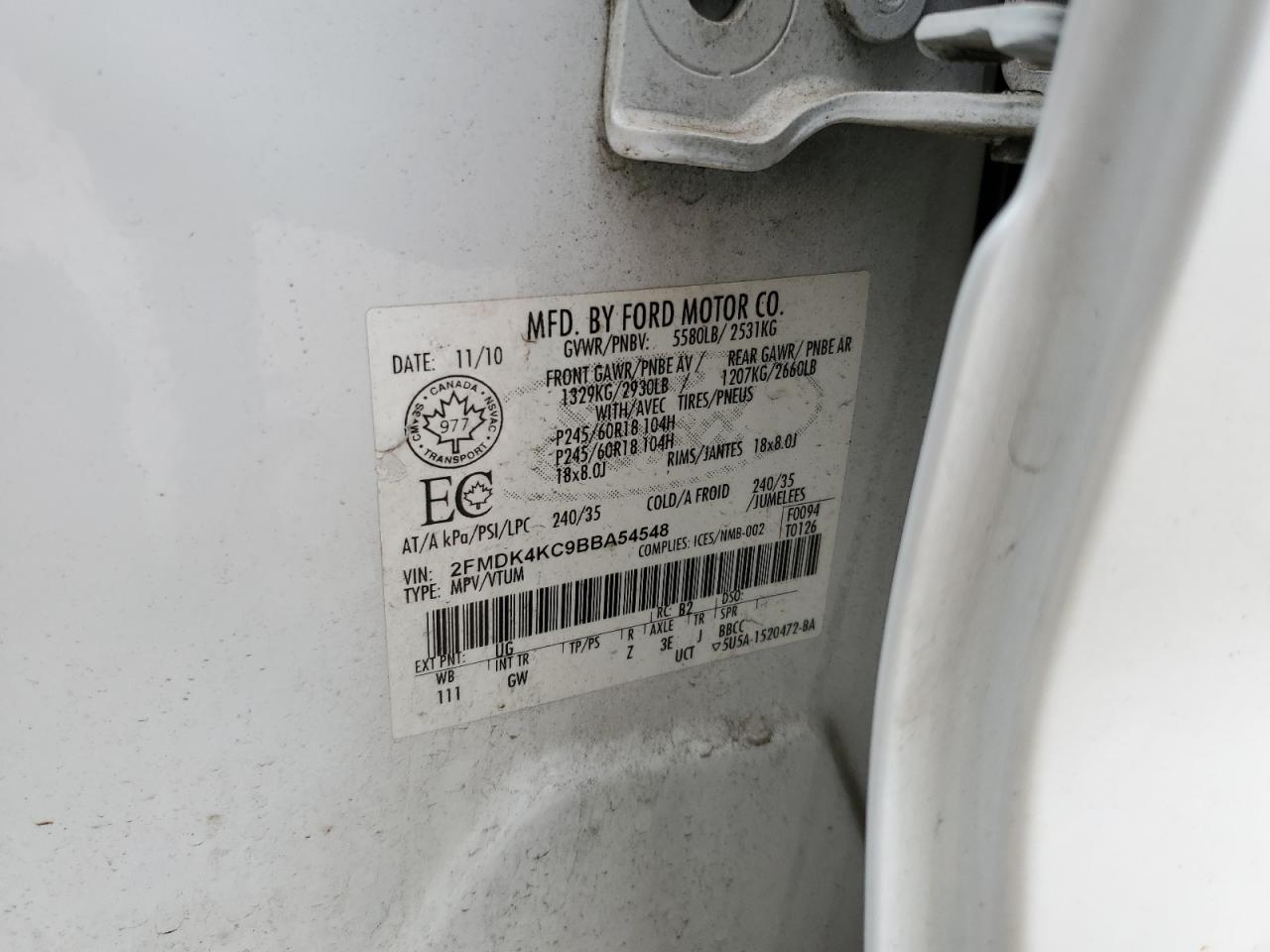 2011 Ford Edge Limited VIN: 2FMDK4KC9BBA54548 Lot: 65158525