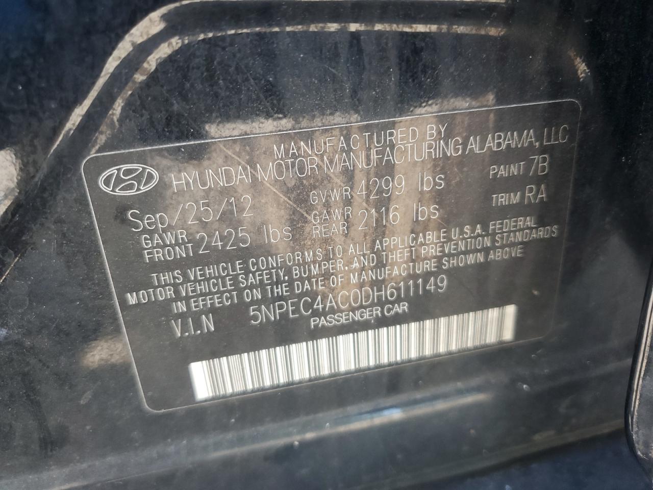 2013 Hyundai Sonata Se VIN: 5NPEC4AC0DH611149 Lot: 65264705