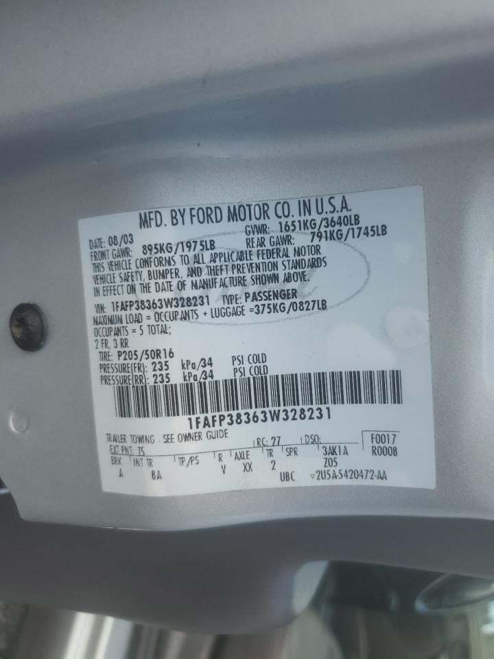 2003 Ford Focus Zts VIN: 1FAFP38363W328231 Lot: 62559135